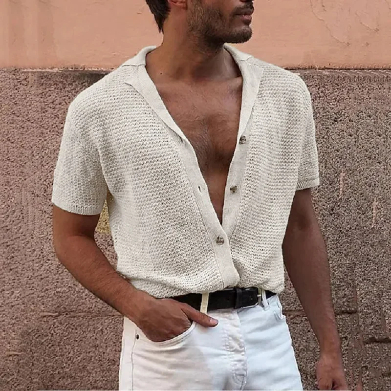 

Europe America Fashion Mens Casual Short Sleeve Tops Summer Knit Cardigan Single-breasted Menswear Lapel Sweaters Men Clothing