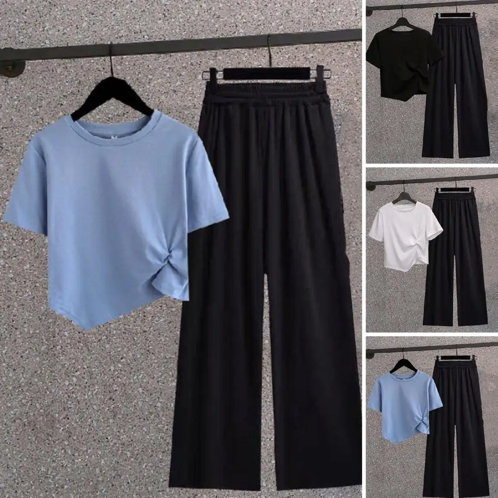 2Pcs/Set Sweet Women Summer Tracksuit Irregular Hem Daily Wear O Neck Workout Top Trousers Suit