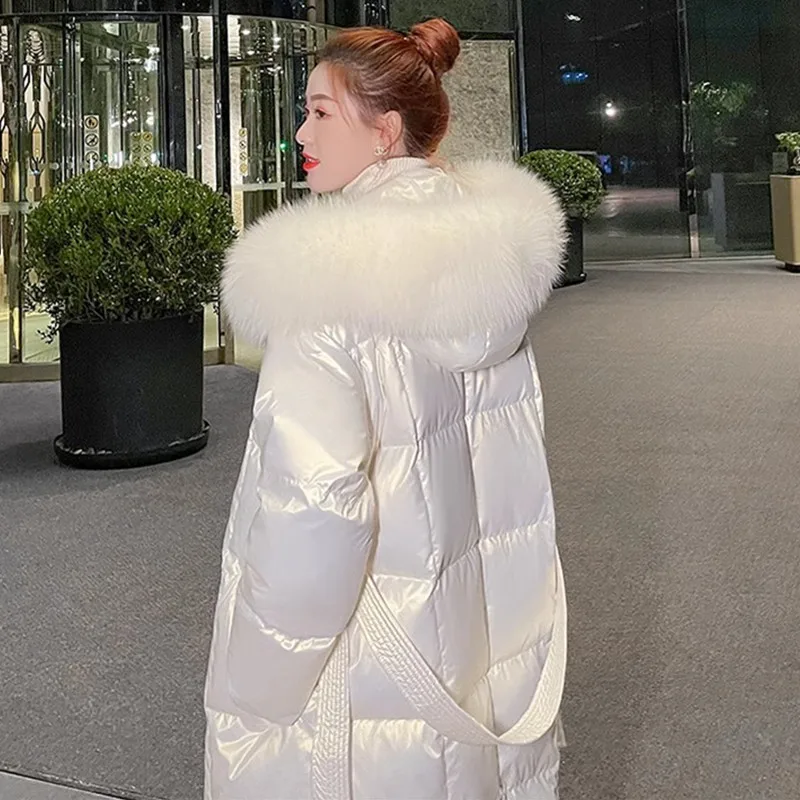 

White Glossy 90White duck down Jacket Women 2023 Winter New Real Fox fur collar Hooded Coat Fashion Female Long Overcoat Parkas