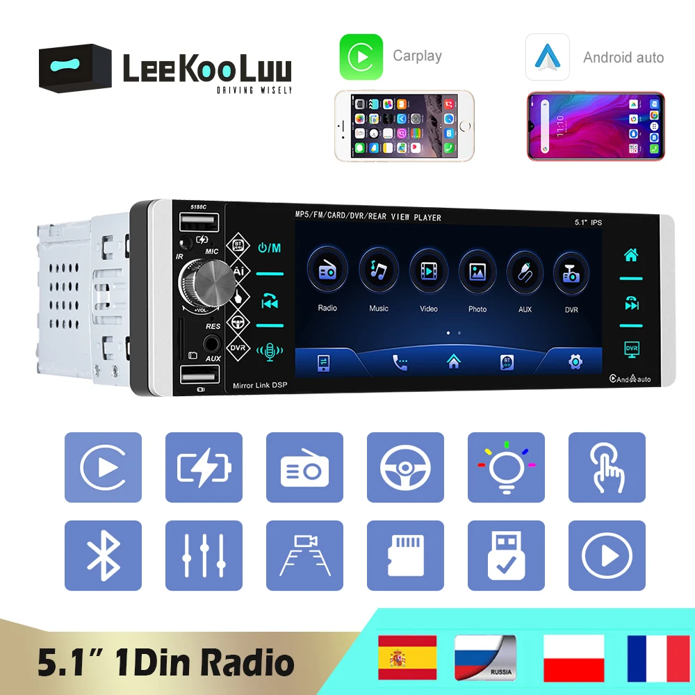 

LeeKooLuu 1 Din Car Radio 5.1" MP5 Multimedia Player In-dash 1Din Auto Stereo FM Bluetooth Audio Microphone Carplay Android Auto