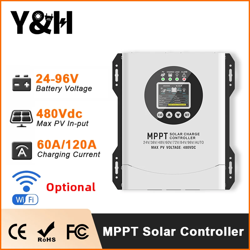 Y&H MPPT Solar Laadregelaar 60A 120A Zonnepaneel Solar Laadregelaar 24V-96V Batterij Max. PV-ingang 480V Optioneel WiFi - afbeelding 1
