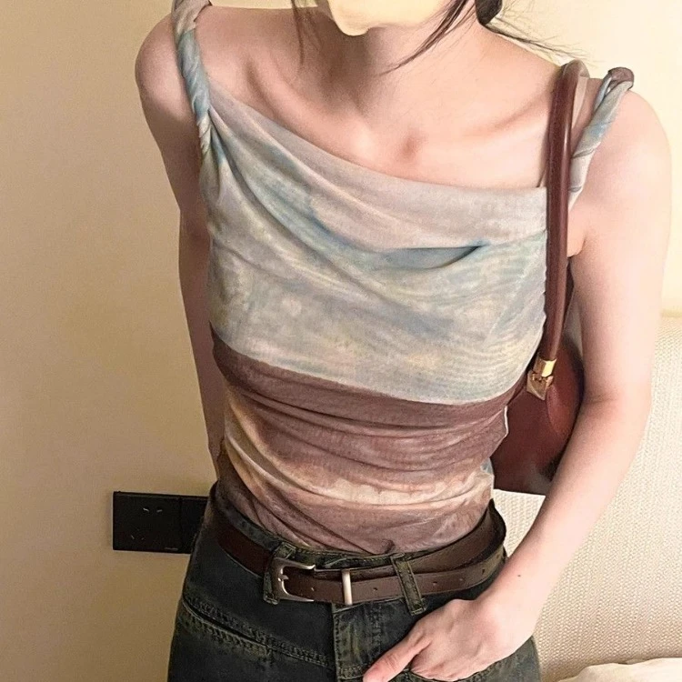 Fashion Vintage Halo Dyeing Vest for Women Y2k E-Girl Mesh Irregular Camisole Tops 2024 Summer New Off Shoulder Tank Top