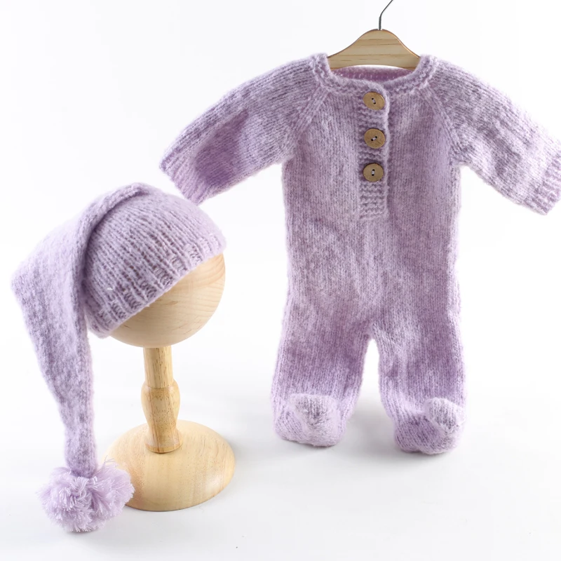 Knitting Christmas Hat And Romper Infant Soft Stretch Knotted Bonnet Full Clothes Suit Newborn Photography Props Overall Outfit