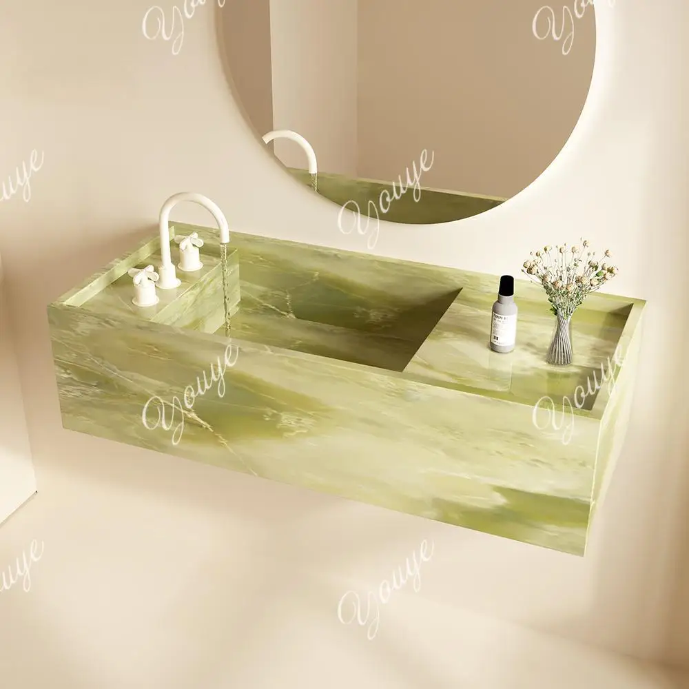 Limited Edition  Green Jade Undermount Sink: Vintage Luxury Stone Slab Console Basin w/ Emerald Veins - Luxury for Master Bath