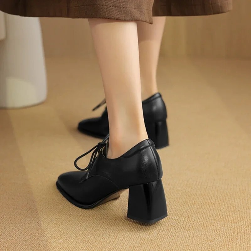 Spring/Autumn Women Pumps Genuine Leather Shoes for Women Square Toe Chunky Heel Women Pumps Lace-up Shoes Black High Heel Shoes