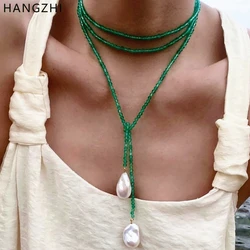 HangZhi Fashionable Pearl Green Beaded Long Necklace Multiple Wearing Sweater Chain French Vintage Jewelry for Women New