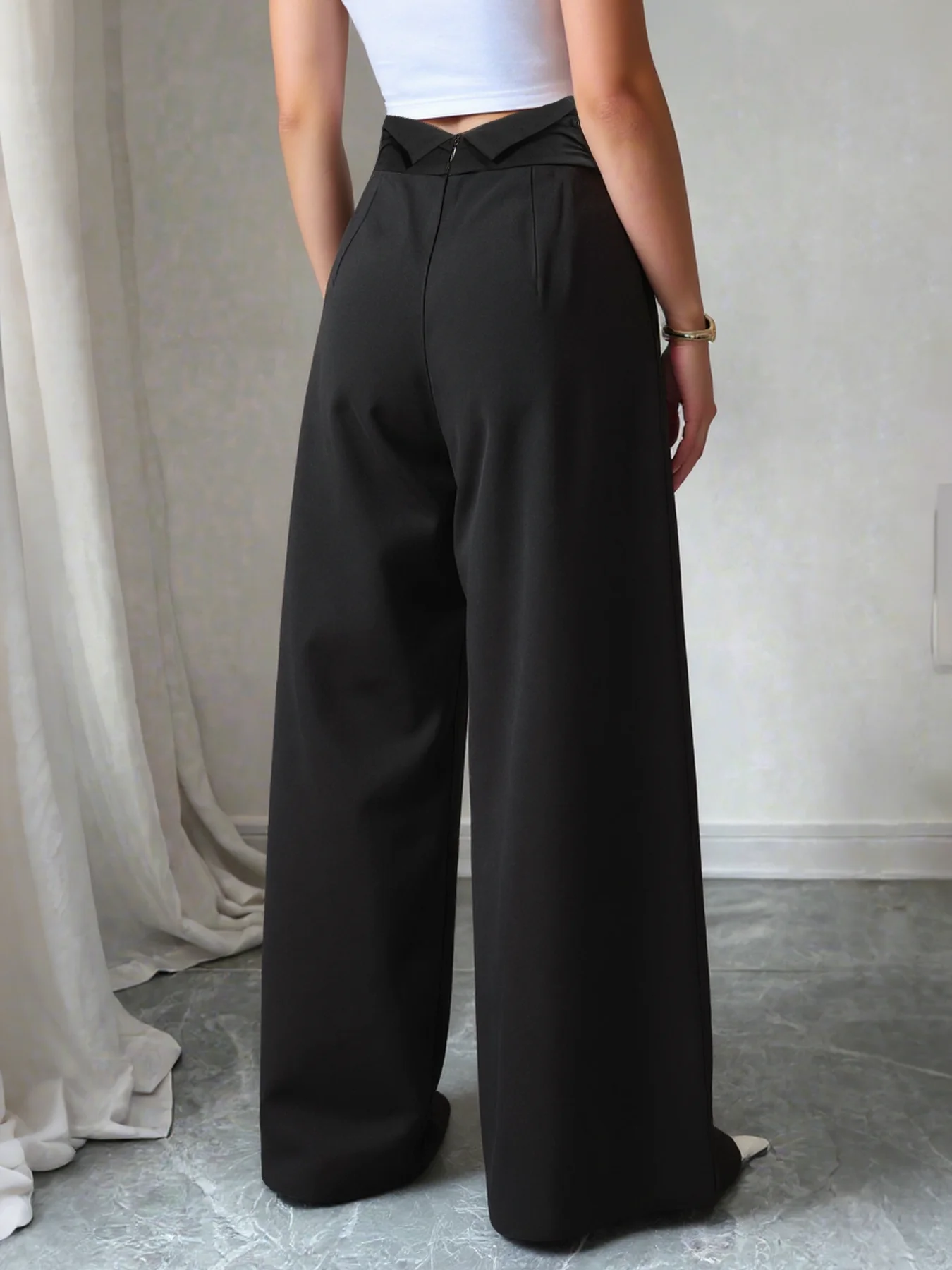 Damenhose mit hoher Taille und weitem Bein, formelle Bürokleidung, Hose in Schwarz/Grau, locker geschnitten, S-XXL, elegant für den Alltag im Frühling und Herbst. – Detail 7