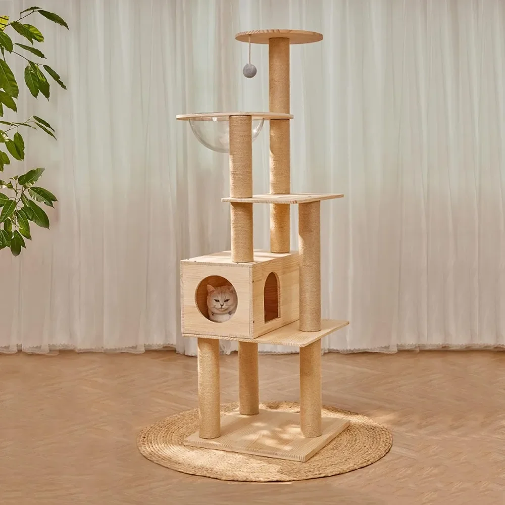 Modern Multi-Level Large Real Solid Wood Cat Tree, Luxury Wooden Cat Tower Cat Condo With Multi-Layer Platform For Indoor Cats||