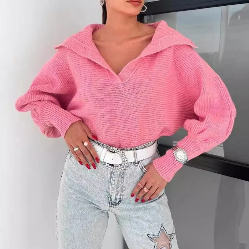 

Fall/Winter Sweater Women'S Lapel Knitted Cardigan Loose Sweater Pink Y2K Long Sleeve Knitwear Pullover Tops 2025 New Casual