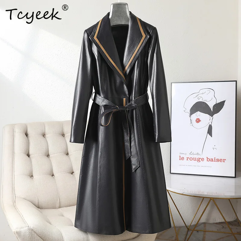 Tcyeek Pelle di pecora Primavera Autunno High End Trendy Colletto del vestito Cravatta nera Giacca lunga in vera pelle da donna Жaki Julaiжаusus Куртка