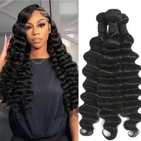 15A 26 28 30 32 Inch Deep Wave Bundles Human Hair Quick Weave Hair 3 Bundles Thick Remy Virgin Hair Extensions Natural Color