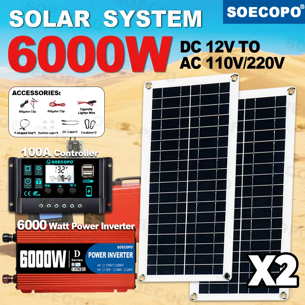 

6000W Solar System Kit with 2*200W Solar Panels 100A Controller DC 12V to AC 110V/220V Inverter for Camping RV Home USB 5V 1.5A