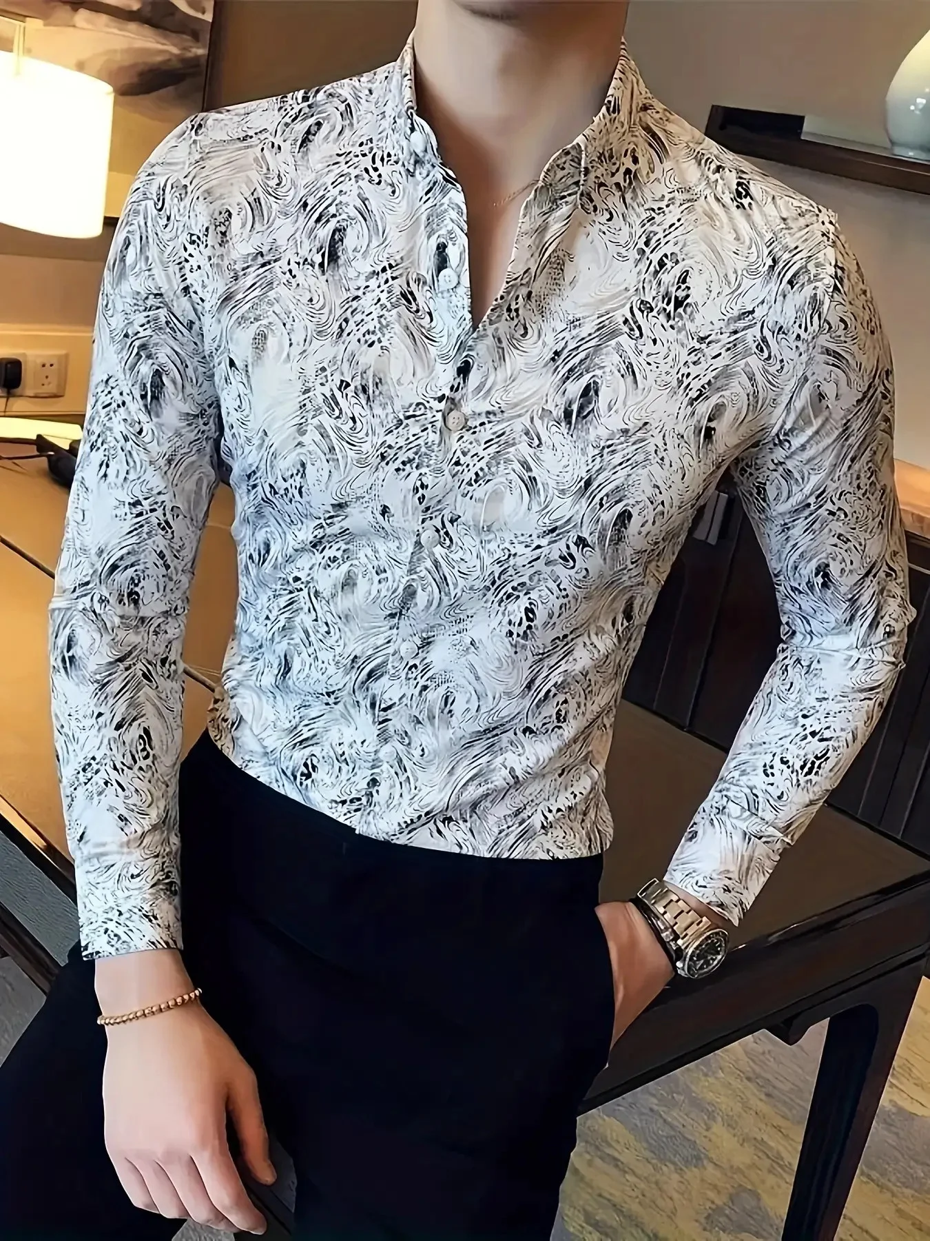 Men Lapel Collar Shirt Cream‑Tone Black Sketch Abstract Flower Graphic Polyester Long‑Sleeve Top