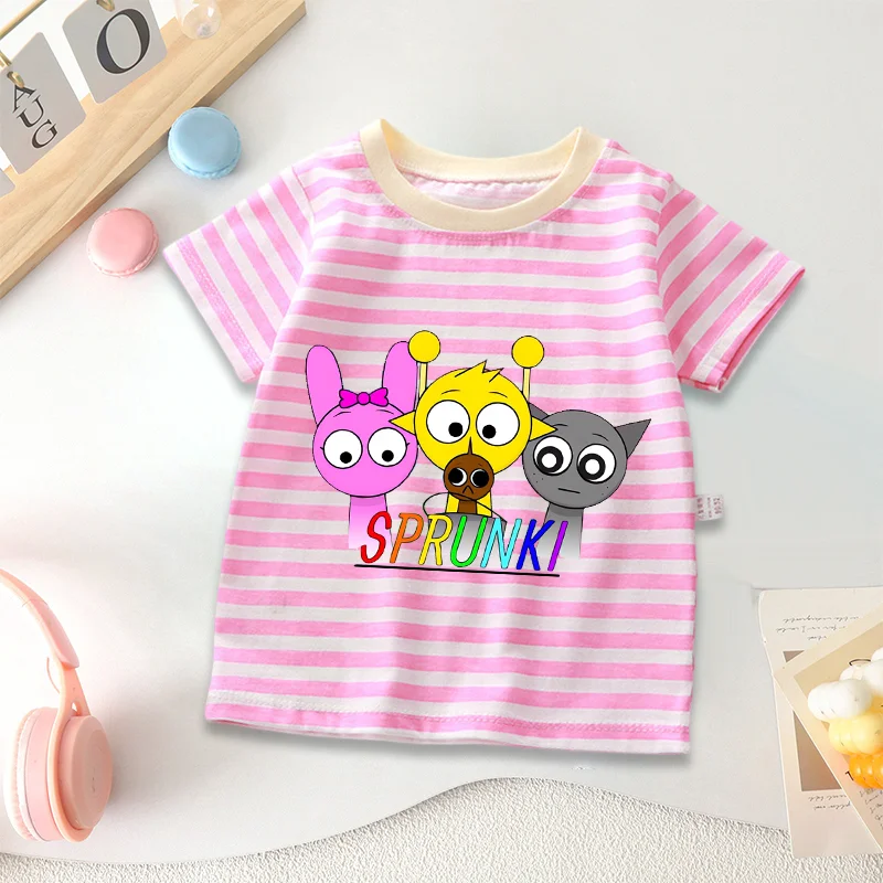 

Sprunki Striped T-shirt Short Sleeve Summer Boys Girls Clothes Fashion Hip Hop Printed Casual Wear Cute Cartoon Birthday Tops