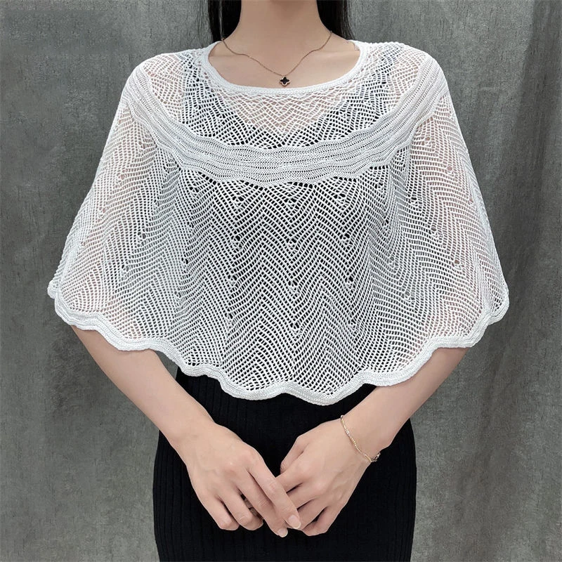 Korean Ice Silk Hollow Knit Sunscreen Shawl Female Summer Air Conditioning Neck Protection Pullover Knit Blouse Women\'s Cape V35