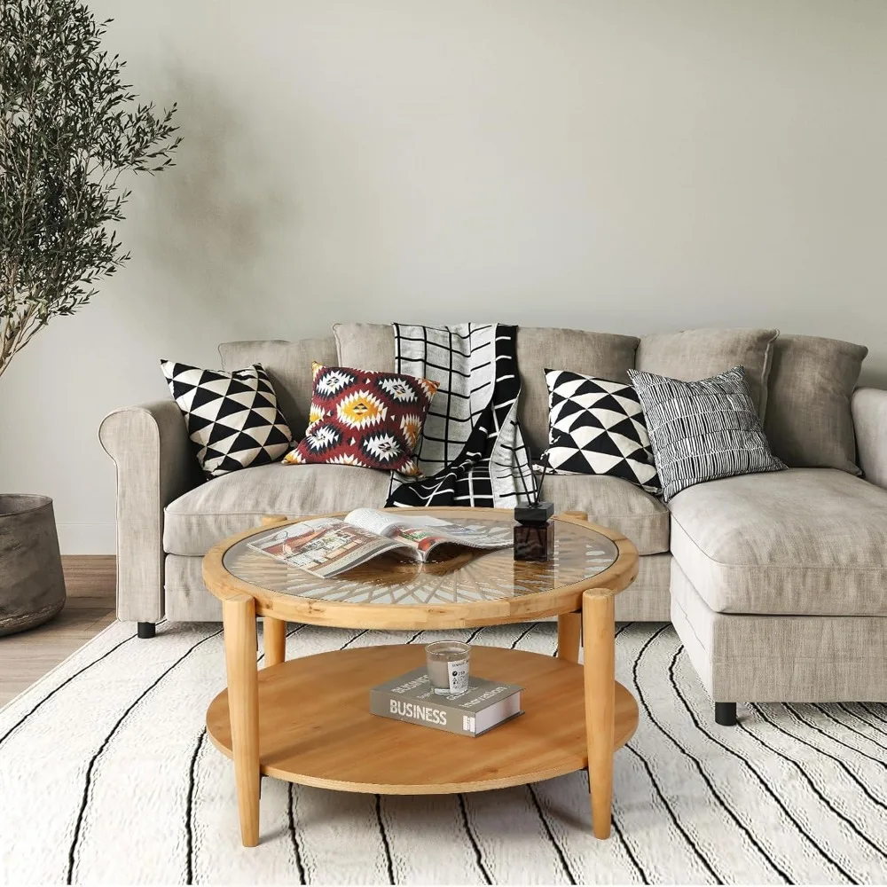 Mid Century Modern Two-Tier Rattan Cocktail Table with Tempered Glass Top, Bohemian Style Living Room Furniture