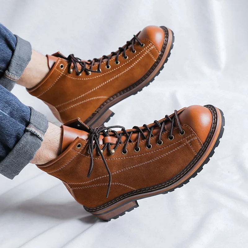 Hiking Shoes Men's Walking Boots British Thick Soled Cowhide High Top Motorcycle Boots Ankle Sneakers Casual Trekking Shoe 38-44 view 5
