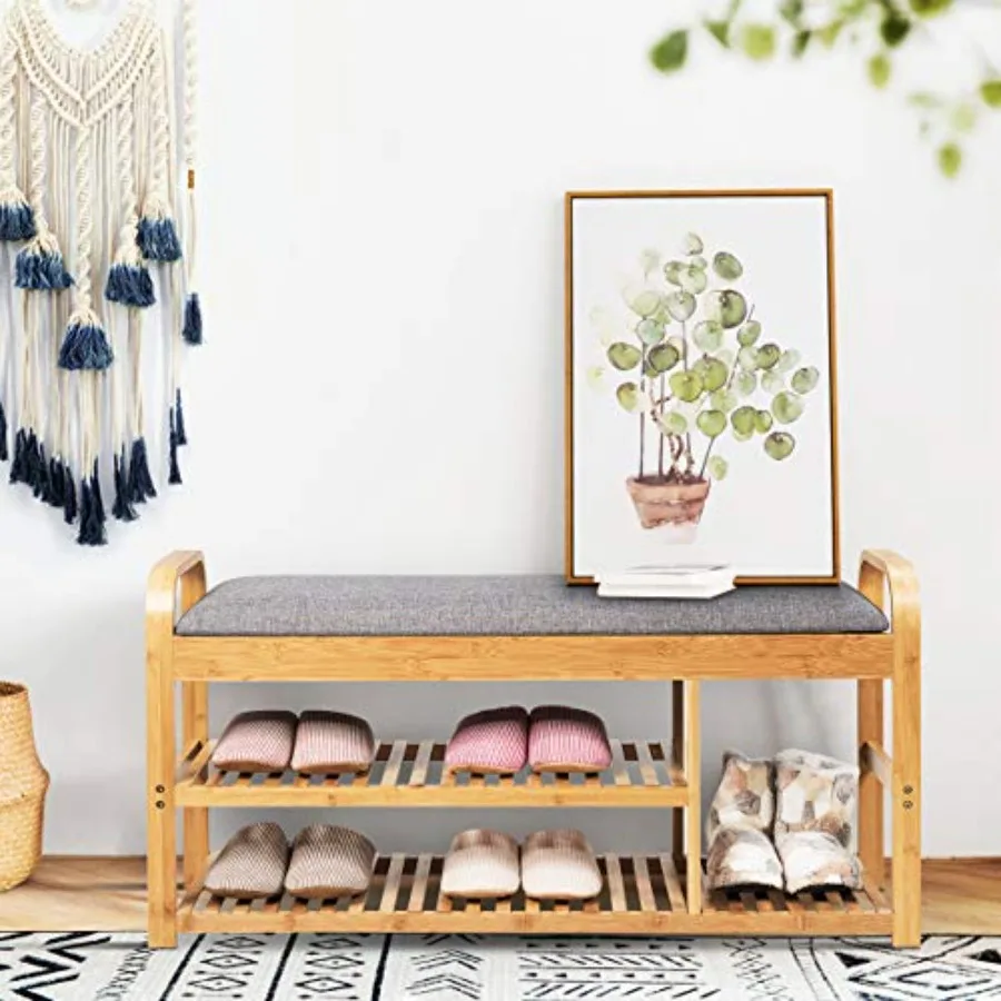 

Bamboo Shoe Bench, 3-Tier Entryway Bench with Cushion, Max Load 330 LBS, Modern Stool Storage Shelf for Bedroom Living Room Hal