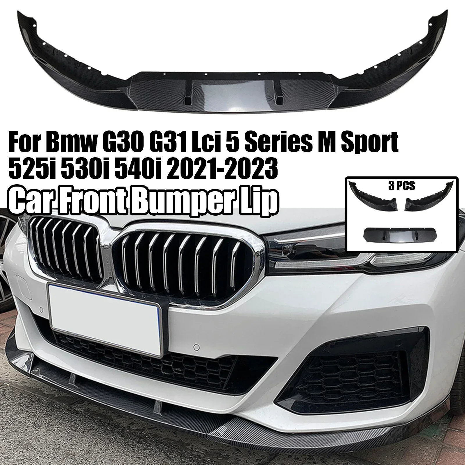 

For BMW 5 Series G30 LCI M Sport 525i 530i 540i Car Front Bumper Lip Guard Diffuser Spoiler 2020-2022 Carbon Fiber Style