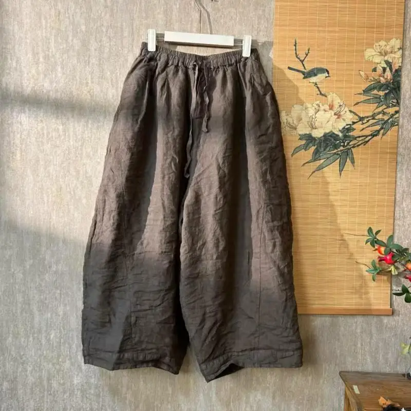 2026 Spring Autumn Women Elastic Waist Loose Casual Ankle-length Pants Double-deck Cotton Linen Wide Leg Pants High Quality 2689