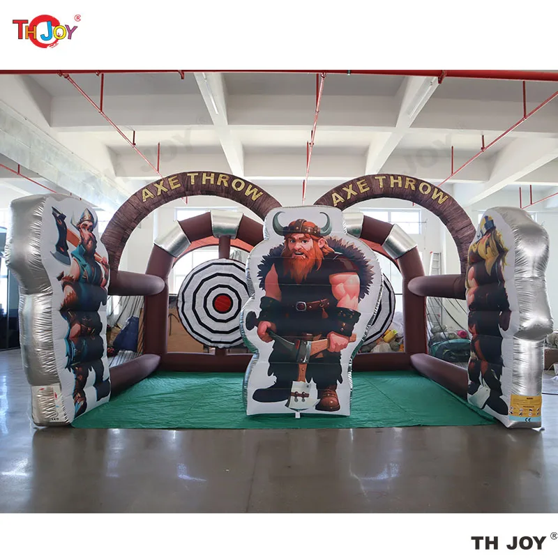 6x5m Nieuw opblaasbaar bijlwerpspel met blazer en bijlen Opblaasbare interactieve spellen voor feestevenementen