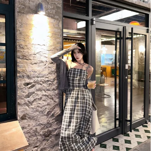 검정과 흰색 체크무늬 원피스 A라인 한국 스타일 수축 허리 무소매 백색 레이스 가을철 원피스 드레스 의상 원피스 