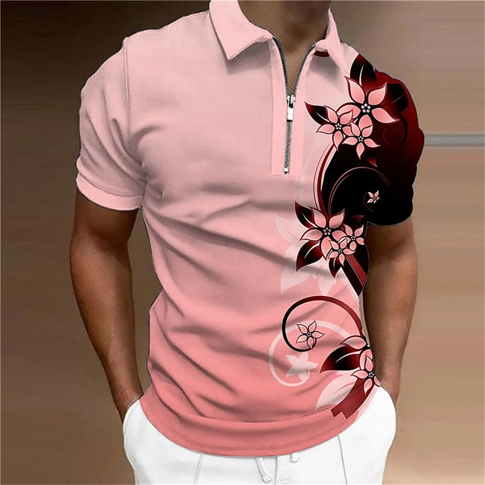 Fashion Zipper Polo Shirt For Men Floral Printed Daily Casual Short Sleeved Loose Oversized Shirt High Quality Men\'S Clothing