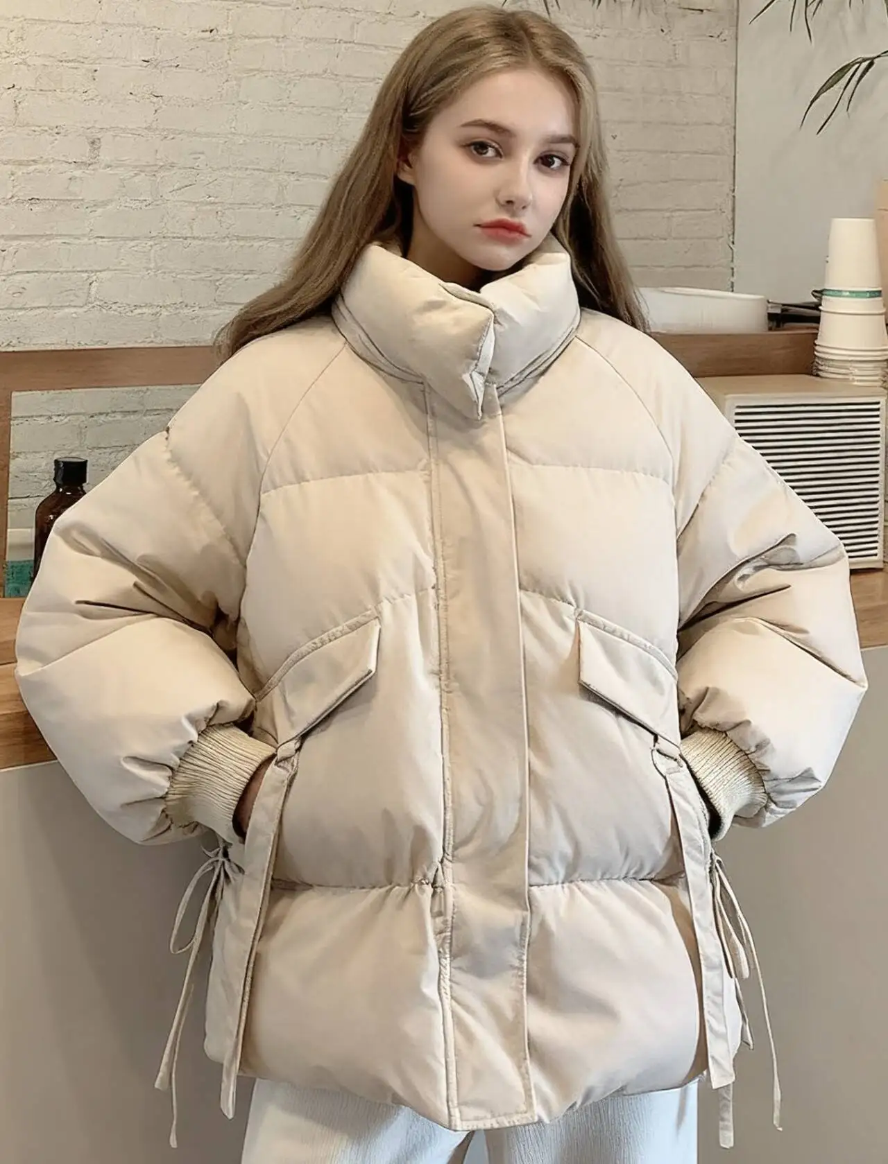 

Parkas Womens Parka Army Winter Tied Wool-Feel High-Low Long-Sleeved Stand-Collar Double-Pocket Buttoned Minimalist Preppy Solid