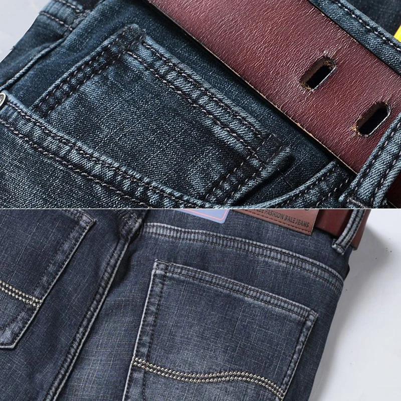 Celana Jeans Pria Musim Gugur Musim Dingin Hangat Berbulu Tebal Berlapis Fleece Vintage Denim Klasik Slim Fit untuk Sehari-hari