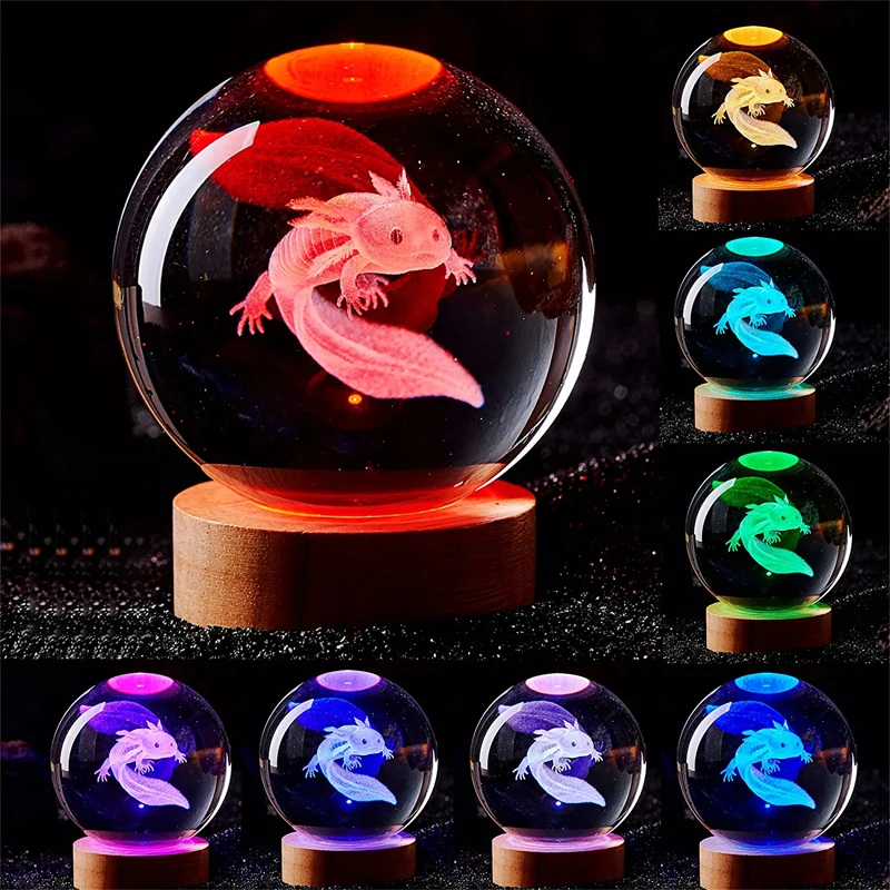 3D Axolotl laser engraved Crystal Ball coloured night light,girlfriend classmate wife children birthday gift home decoration