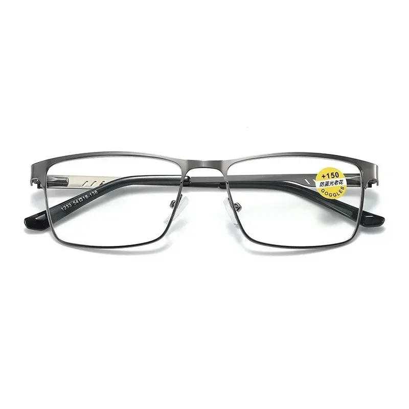 Anti-Blaulicht Metall-Lesebrille mit Federbügeln Geschäftsbrille für Herren Klassische Eckige Hyperopie-Brille – Detail 3