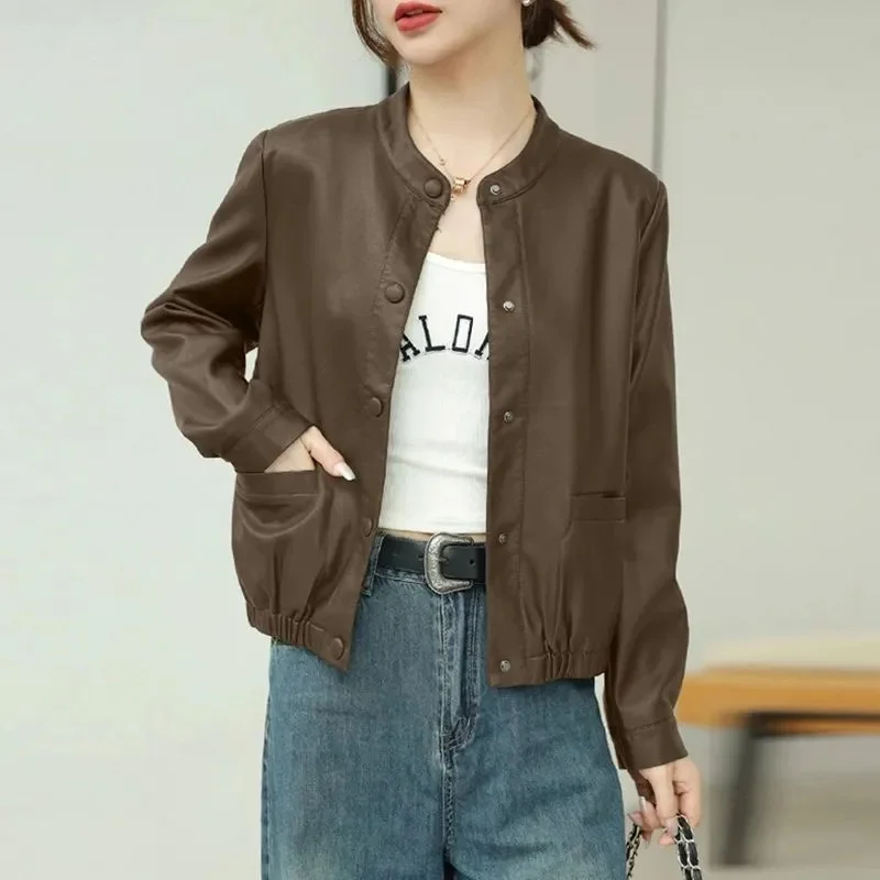 Female Fashion Round Neck Outwear Korean Women Large Size 4XL PU Leather Jacket Spring Autumn Ladies Faux Leather Short Coat