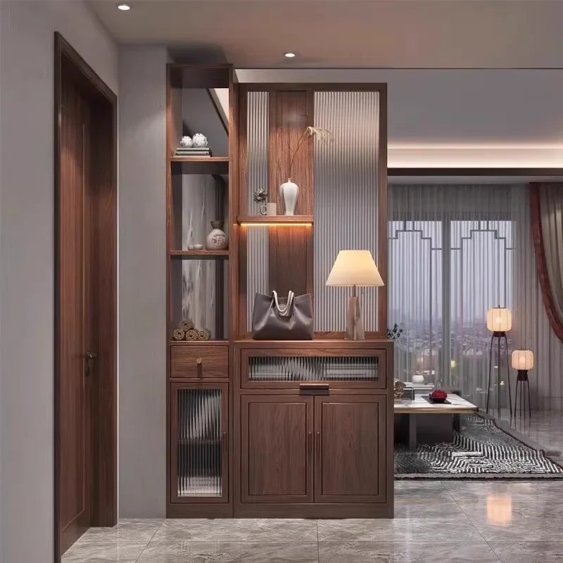 New Chinese-style screen partition, living room entrance door blocking storage, modern simple Changhong glass solid wood entranc