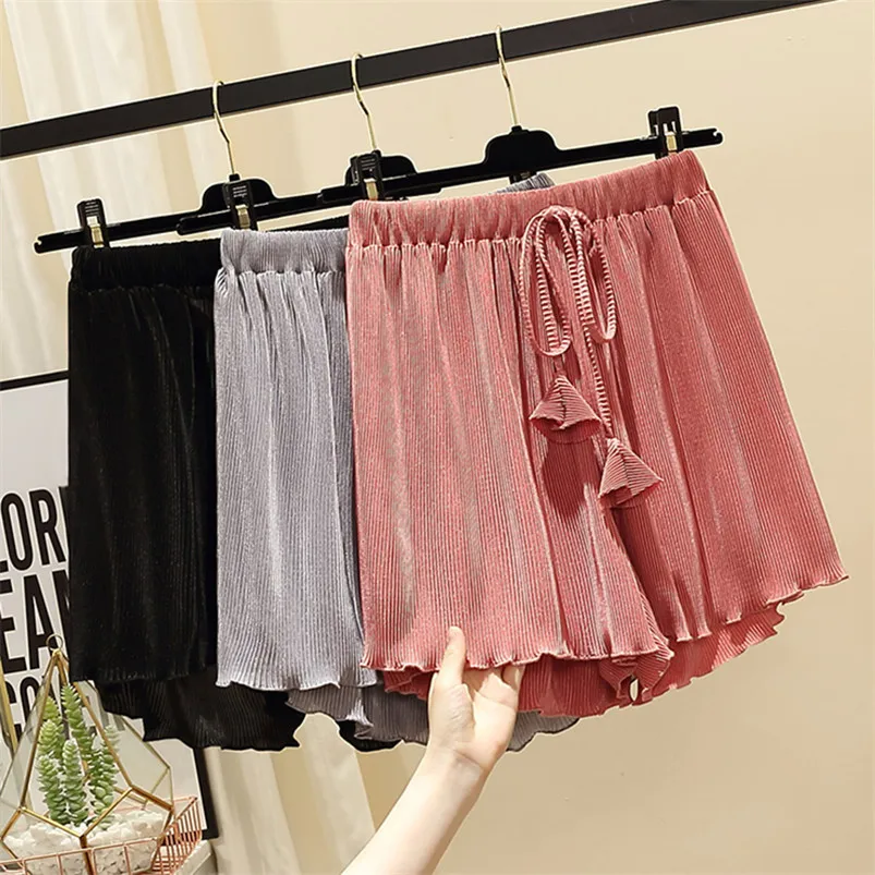 Summer Vintage Loose Shorts New Fashion Women High Waist Ice Silk Short Pants Gray Rose Black roupas femininas summer shorts