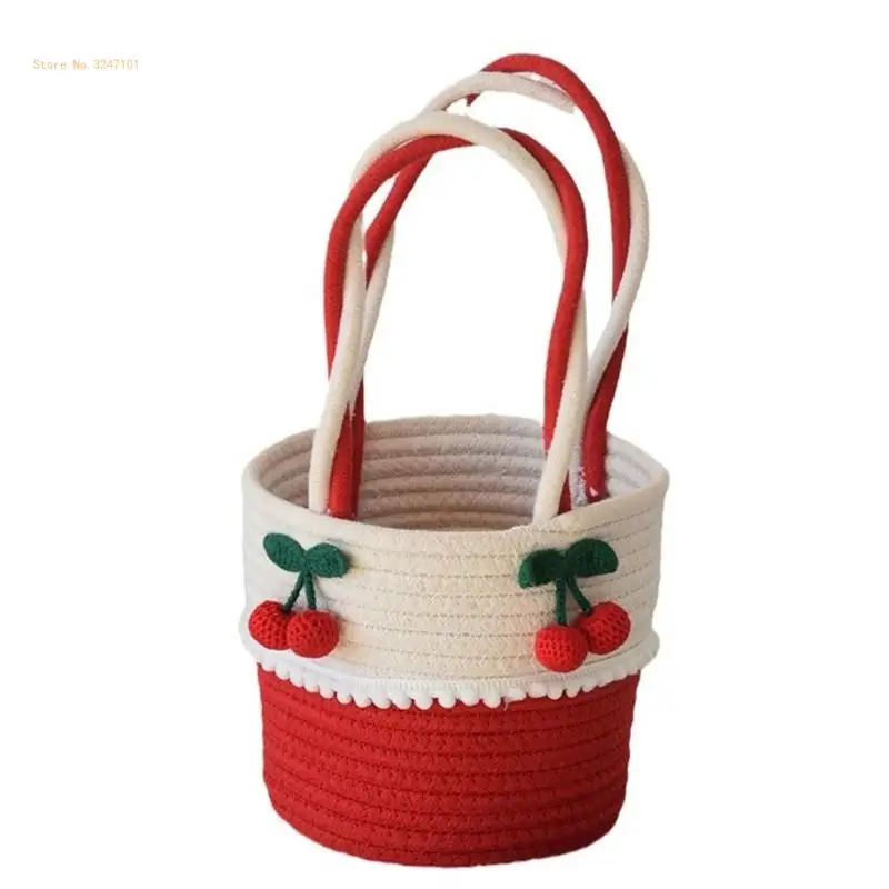 

Natural Cotton Rope Basket With Cherrys Designs Accessory for Household Use Dropship