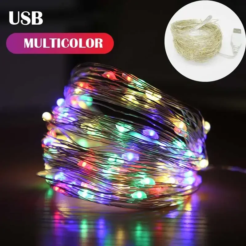 Guirnalda de luces LED de alambre plateado de cobre, cadena de luces USB, luces de hadas impermeables, decoración de fiesta de boda de Navidad, 1m, 10m, 20m