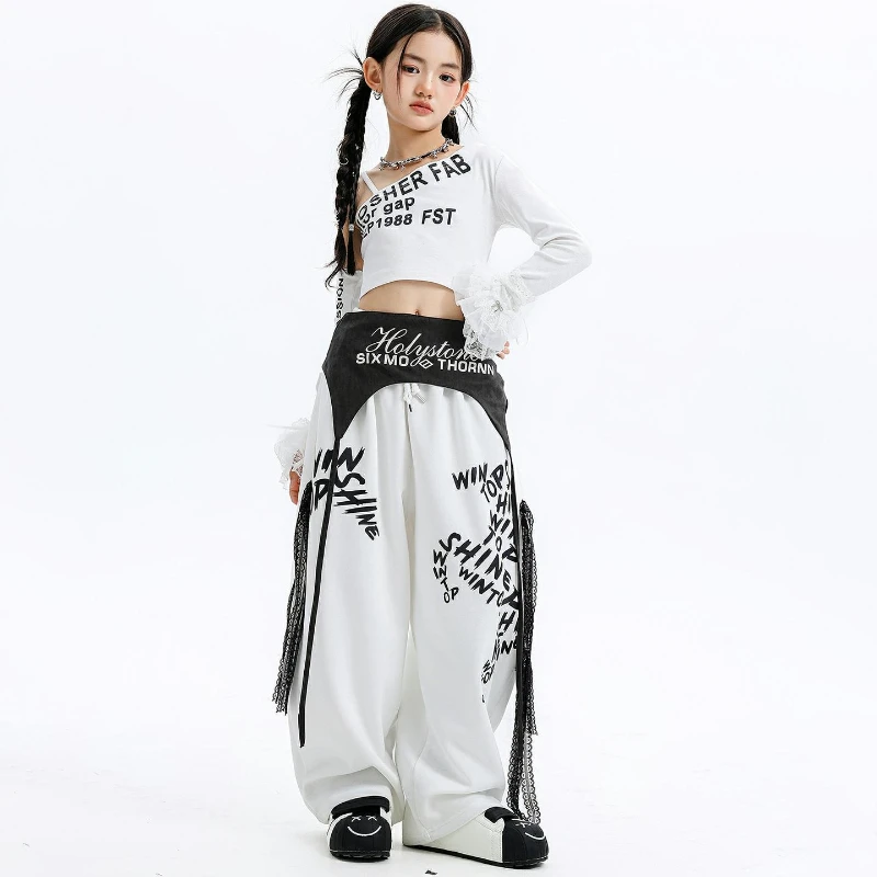 새로운 소녀 재즈 댄스 의상 힙합 코스튬 케이팝 화이트 긴팔 상의 배기 바지 패션 스트리트웨어 패션 캣워크 의상
