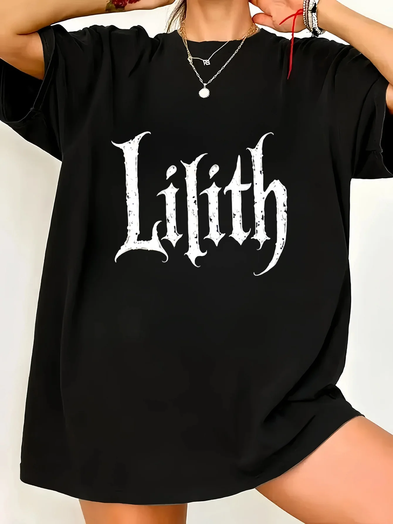 

Women's Plus Size Gothic "Lilith" Print Casual T-Shirt - Stretchy Round Neck Short Sleeve Top for Spring/Summer, Machine