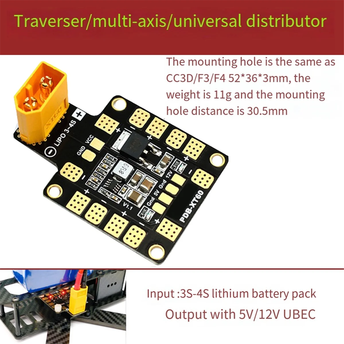 For Matek Systems PDB Power Distribution Board XT60 W/ BEC 5V 12V for QAV250 RC FPV Quadcopter Multicopter Drone