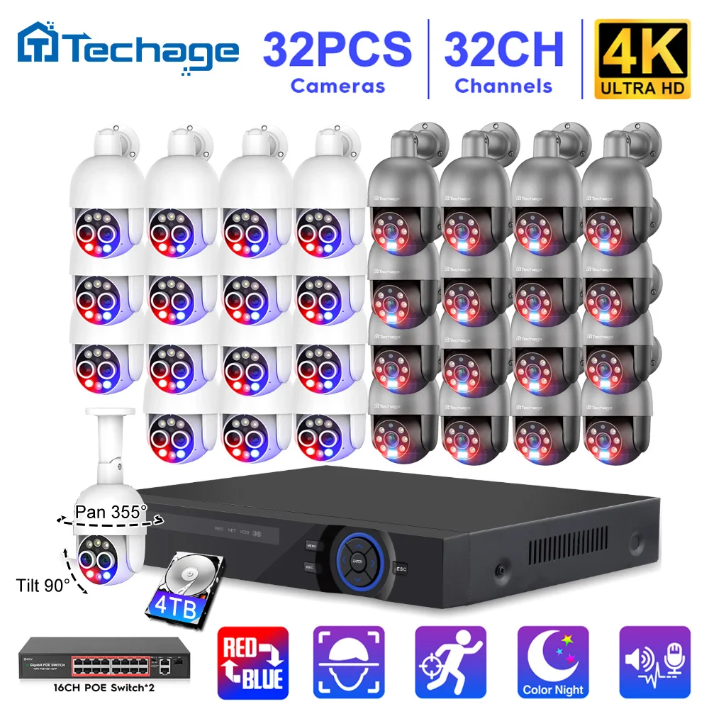 32CH 8MP PTZ POE Security System 8X Zoom 2.8mm+12mm Dual Lens Camera Color Night Human Detect CCTV Video Surveillance Kit ONVIF