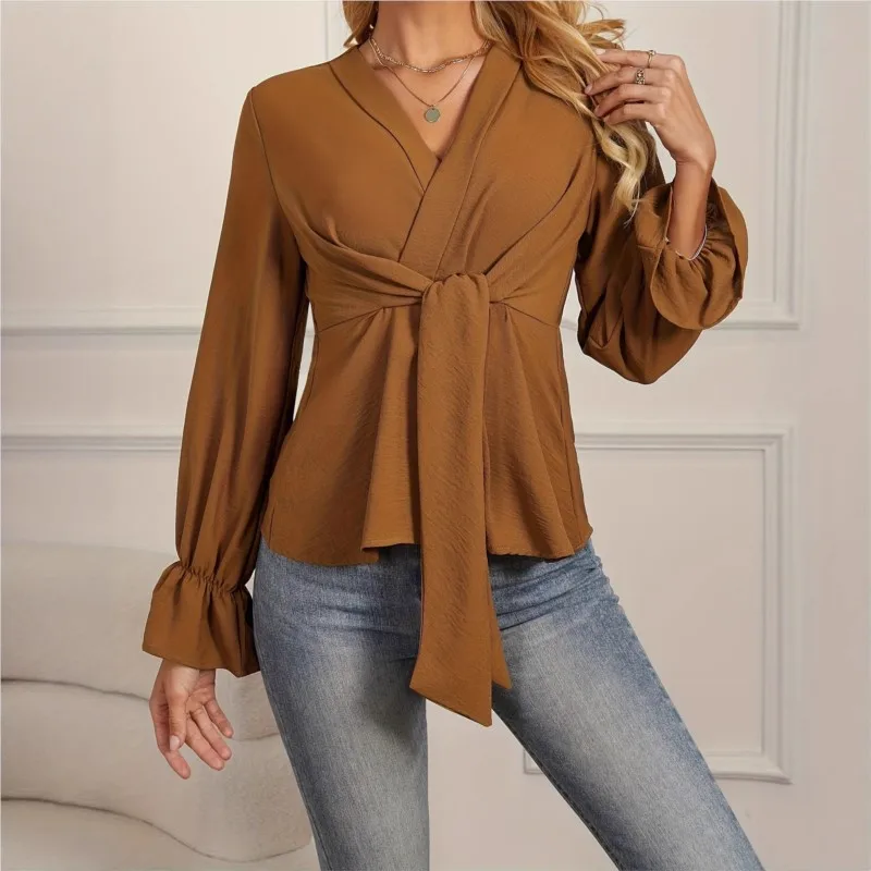 

Elegant Lace-Up V-Neck Pullover Shirt For Women Vintage Waist Blouse Long Sleeve Shirt Ruffle Hem Khaki Loose Blouses Daily Wear