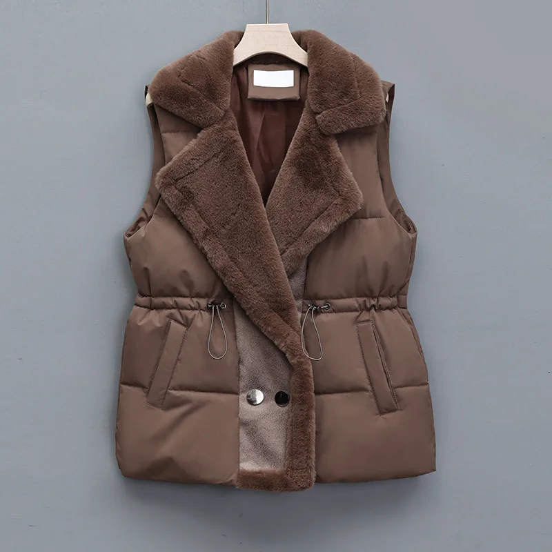 Women's Lambswool Patchwork Down Cotton Vest Winter Coat Outerwear Autumn New Leather and Fur Combination Brown Denim Vest