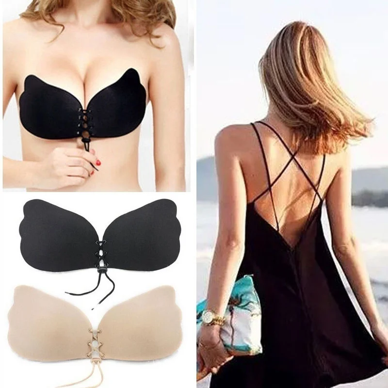 Women's self-adhesive silicone reinforced bra, no back, no shoulder strap, shoelace, invisible, nipple sticker, wedding cover