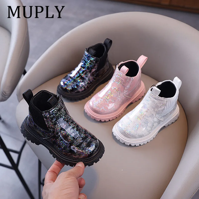 Children's Autumn Boots Glossy Girls Causal Leather Boots Fashion Versatile Kids Princess Ankle Short Boots Round-toe Zipper