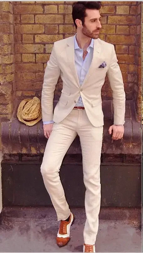 Beige Linen Wedding Suits For Men Summer Causal Blazer Sets Slim Fit Custom 2 Piece Groom Tuxedo Bleizer Masculino Costume Homme