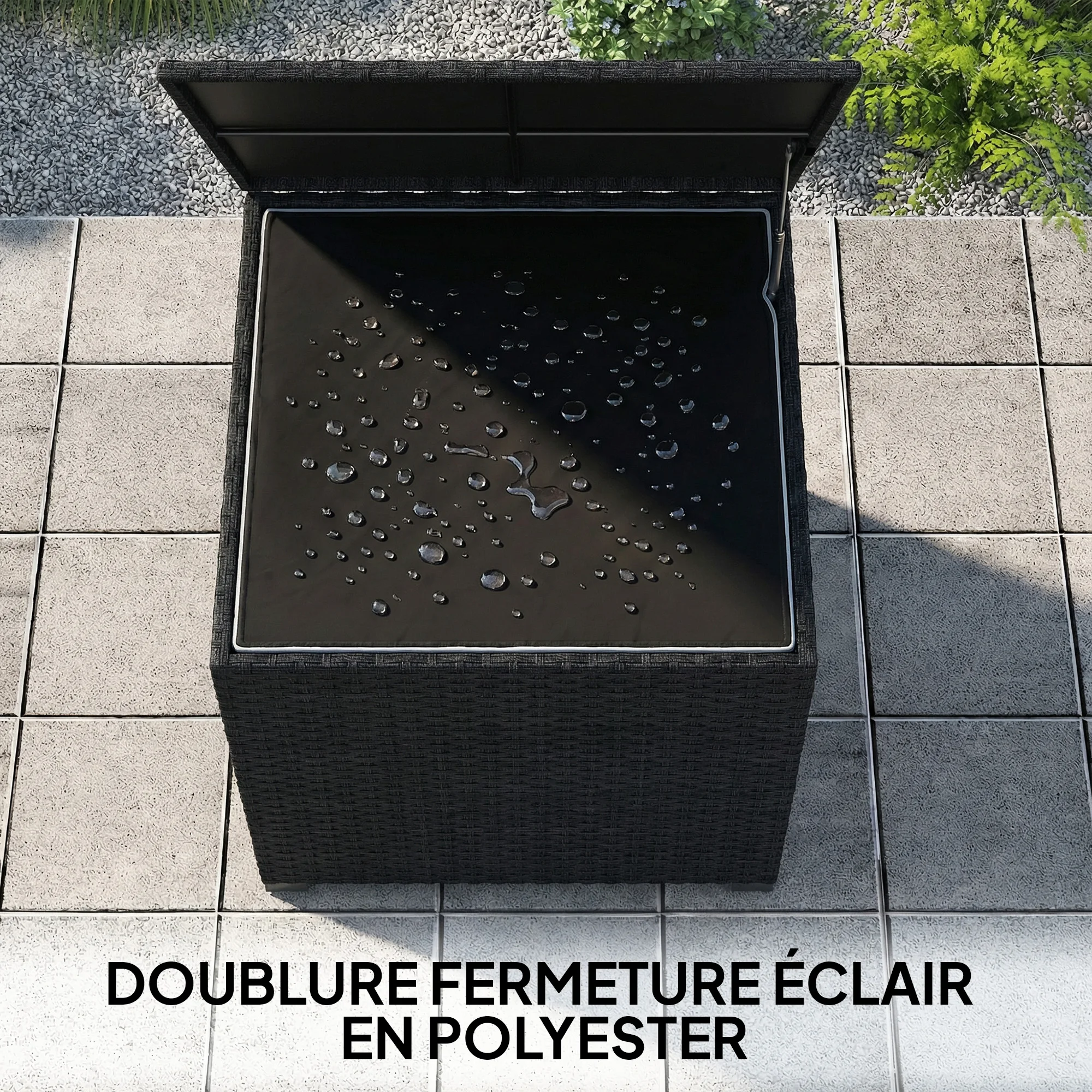 Outsunny Baúl de jardín de resina trenzada, baúl de almacenamiento exterior de 253 L, impermeable, con forro con cremallera, 72x72x70cm, negro