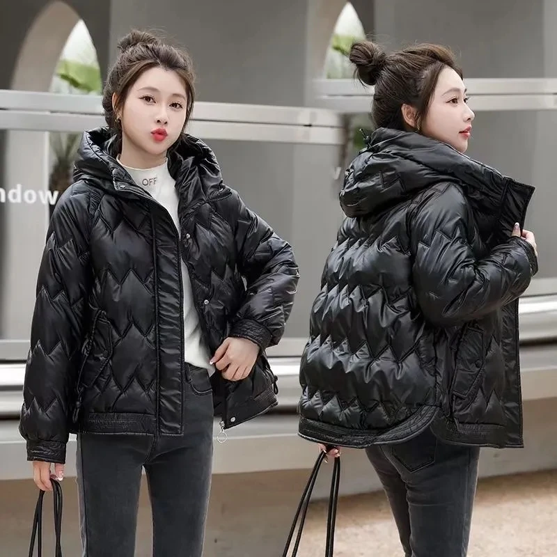 2023 New Winter Women Short Parkas Hooded Down Cotton Padded Jacket Female Overcoat Thick Warm Glossy Outwear Lady Outerwear