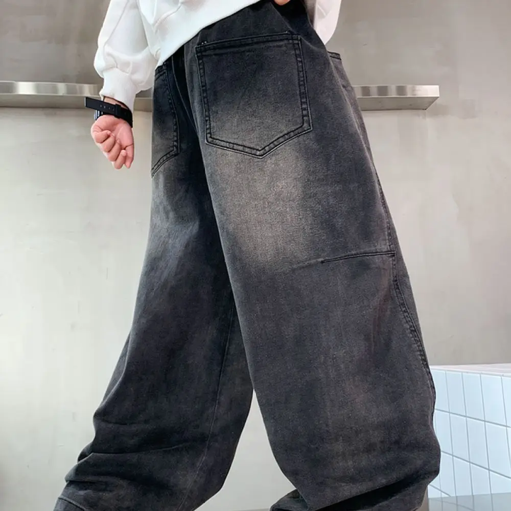 Boys Loose Straight Jeans Korean Style Cotton Denim Pants Casual Elastic Waist Trousers For Teens Spring Autumn Daily Wear
