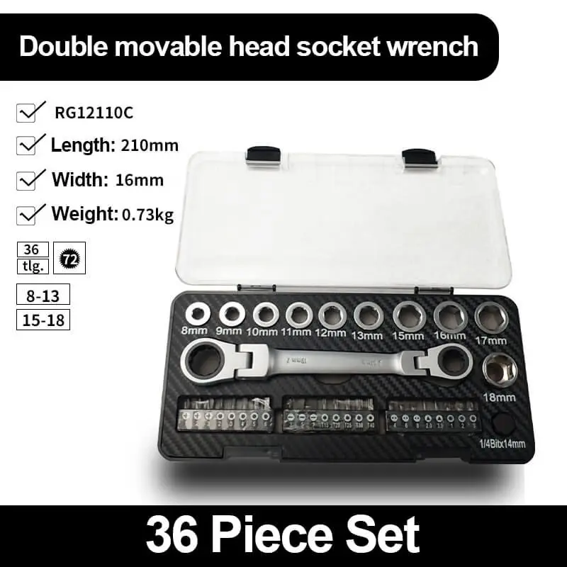 36PCS Ratchet Wrench Set With Box Multi-Functional Two-Way Adjustable Double-Ended Ratchet Spanner Socket Screwdriver Set