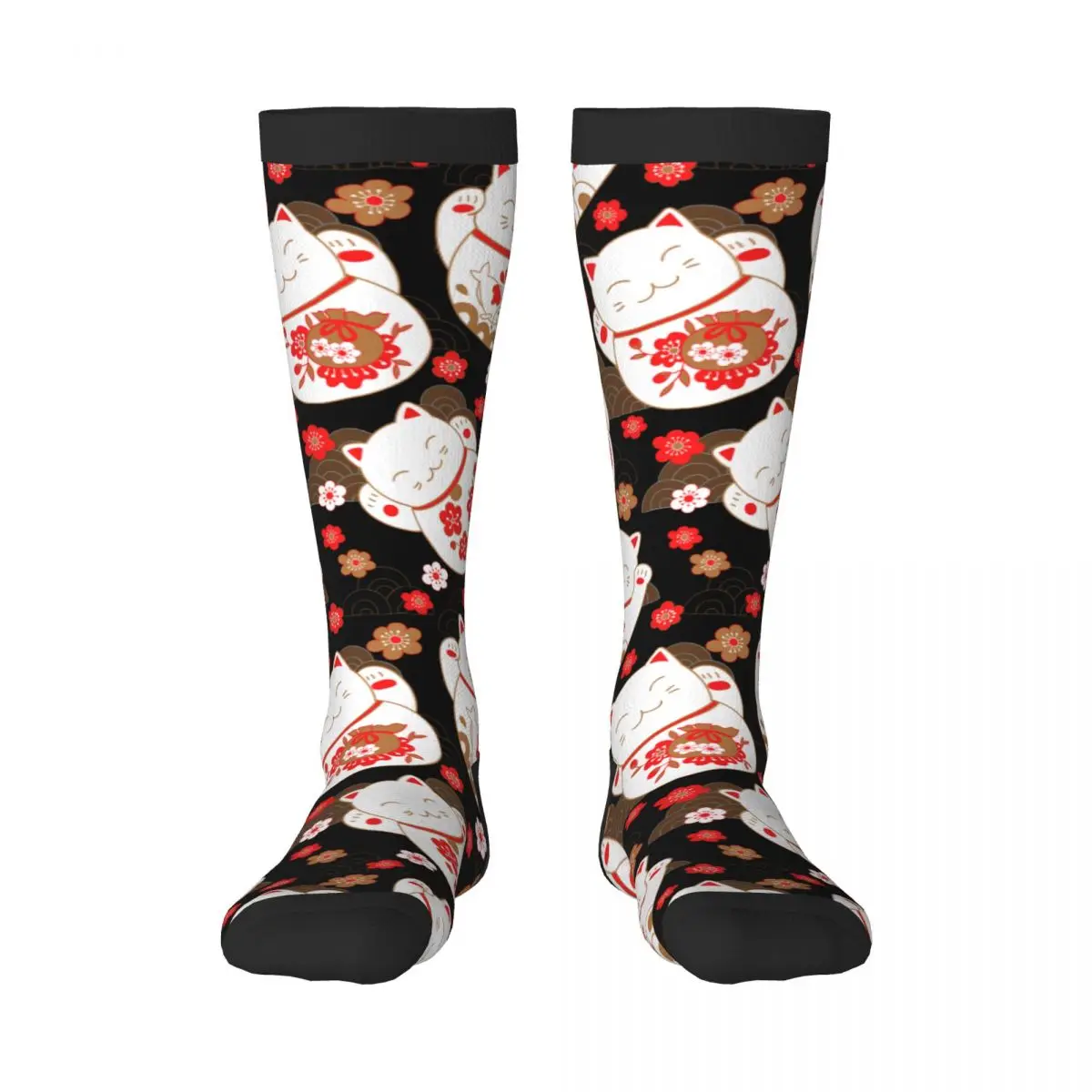

Knee Long Stocking Cats Maneki Neko Lucky Charms And Sakura Flowers Adult Socks Stockings